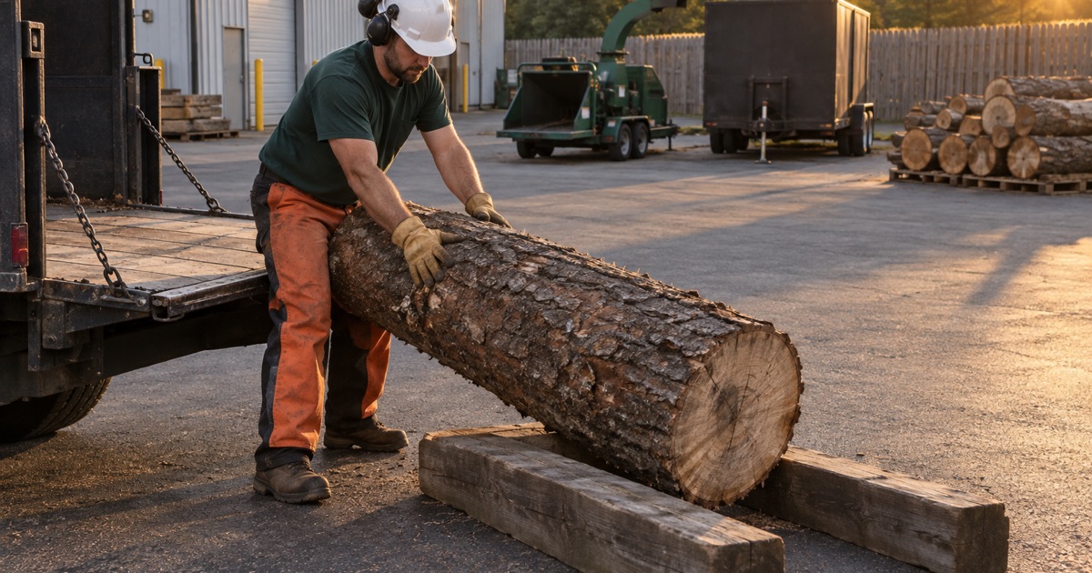 Worker rolling a southern red oak cull log off the truck onto cribbing in a Greenville work yard.
