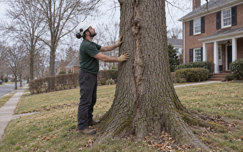 Worker reading a healed seam on the bole of a white oak tree in a Greenville front yard.
