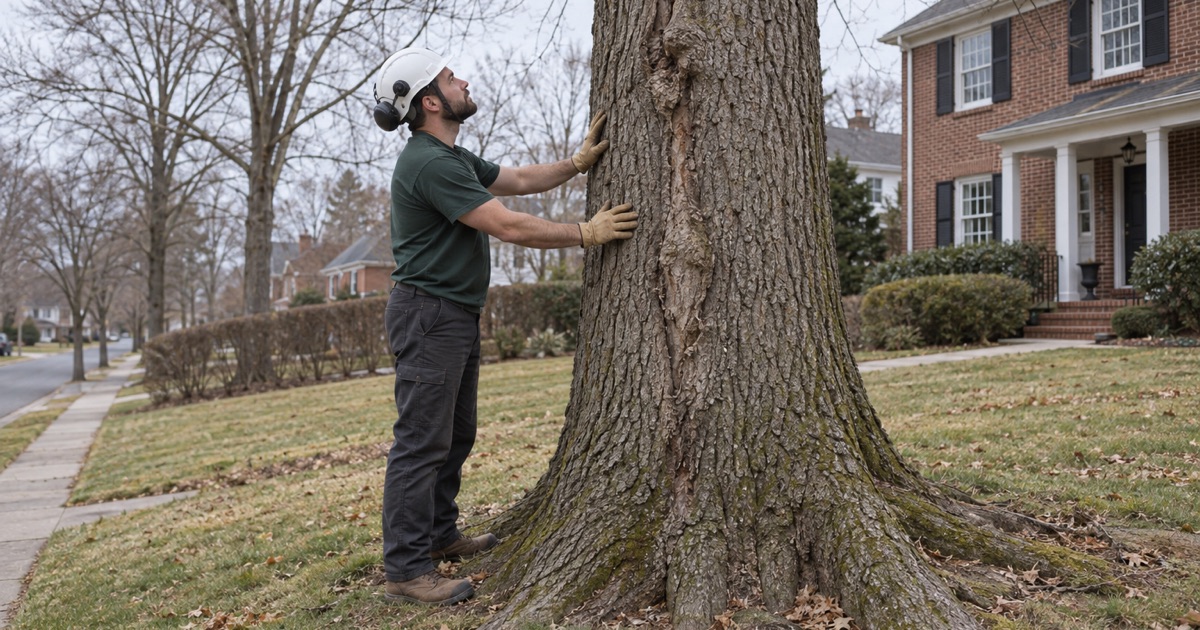 Worker reading a healed seam on the bole of a white oak tree in a Greenville front yard.