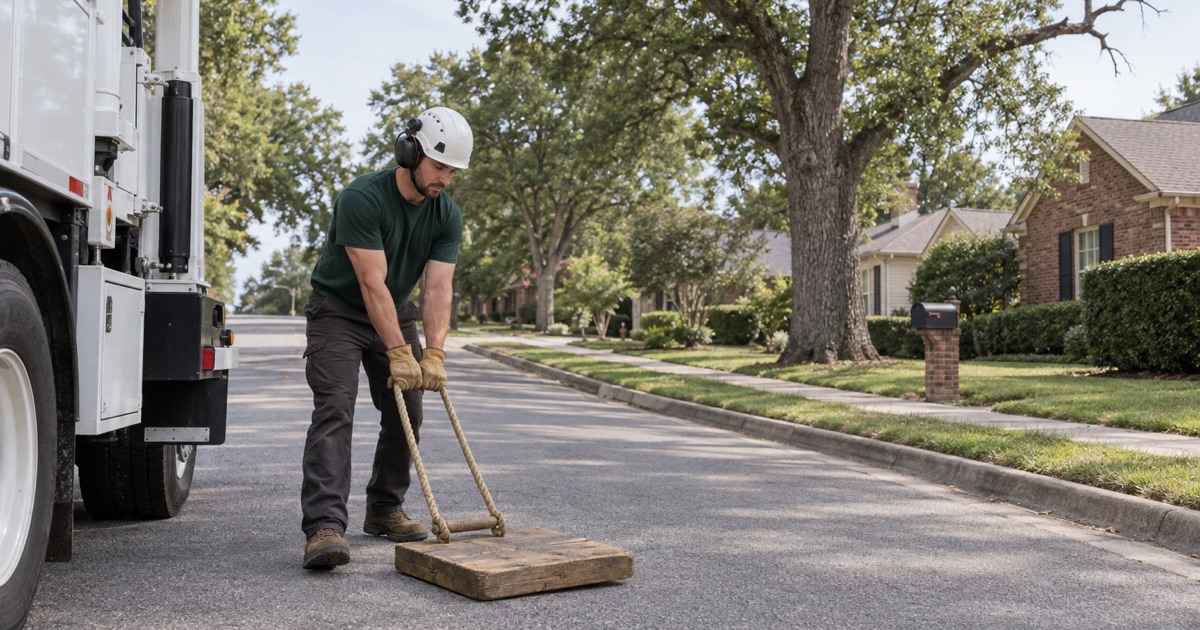 Worker sliding an outrigger pad into place on a Greenville street before any work starts.