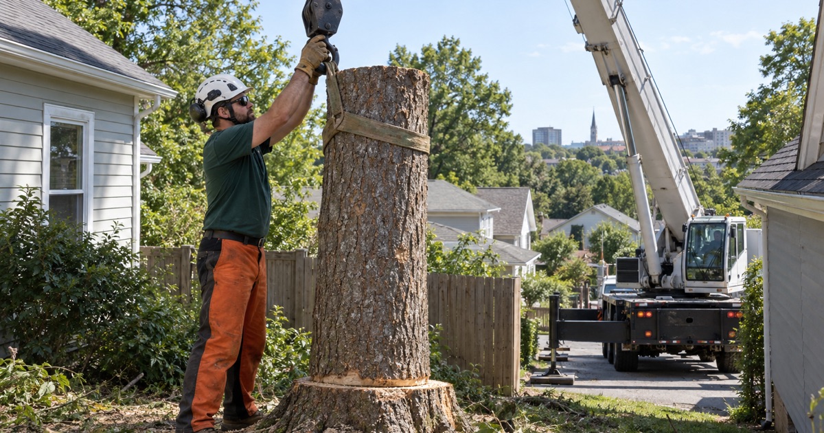 Worker steadying the crane hook block over a choked tulip poplar section on a tight Greenville lot.