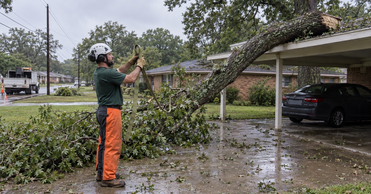 Worker choking a rigging sling on a storm-broken southern red oak leader resting across a Greenville carport roof.