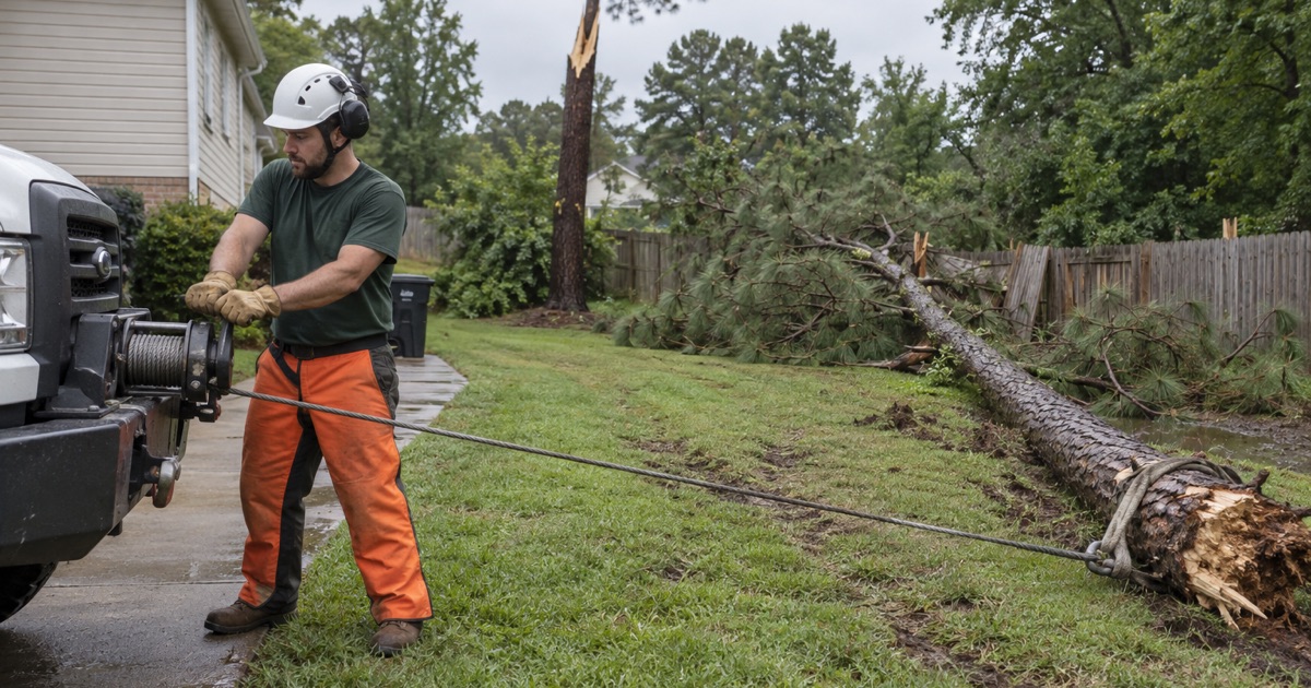 Worker setting the winch drum lever to draw a storm-snapped shortleaf pine stem clear of a Greenville fence line.