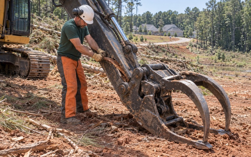 Worker freeing a trapped strip of bark from the lowered grapple arm at a Greenville County lot clearing.