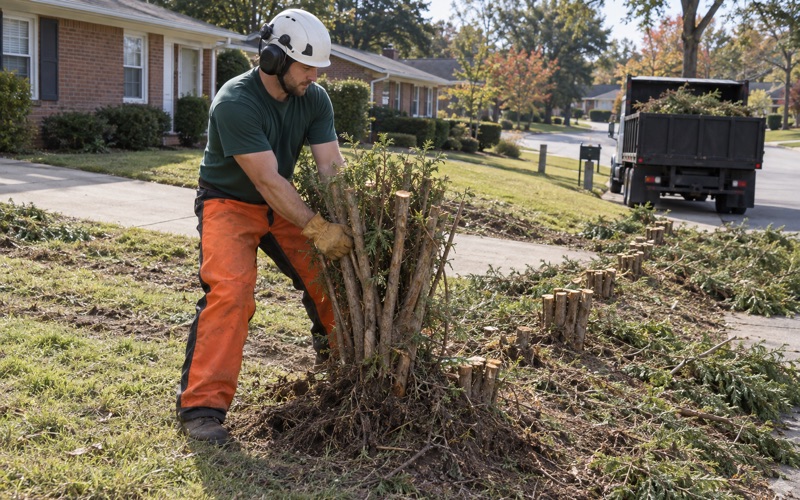 Worker rocking the cut stem cluster of a leyland cypress hedge on a Greenville frontage.