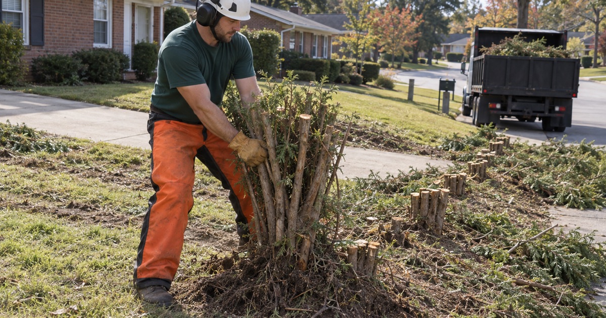 Worker rocking the cut stem cluster of a leyland cypress hedge on a Greenville frontage.