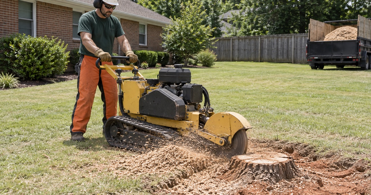 Worker sweeping a stump grinder across the face of a sweetgum stump in a Greenville back yard.