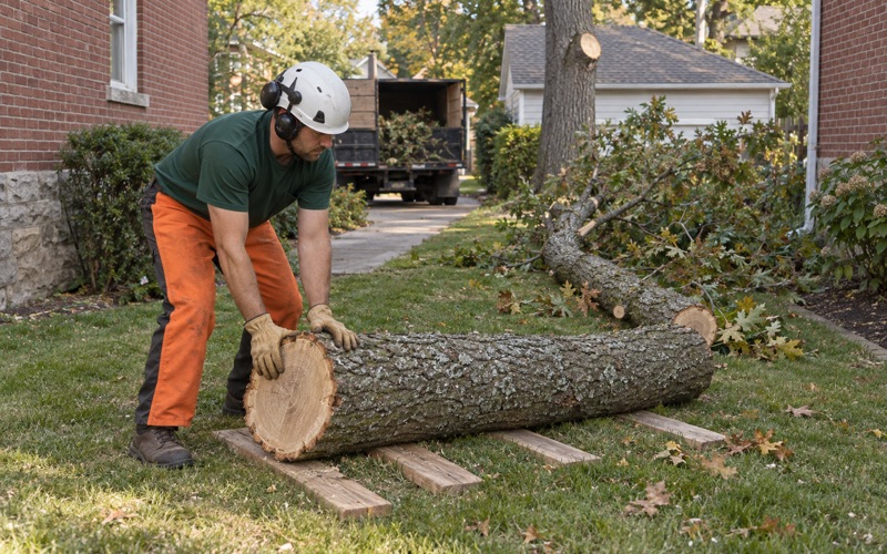 Worker rolling the butt of a cut southern red oak limb on boards in a Greenville side yard.