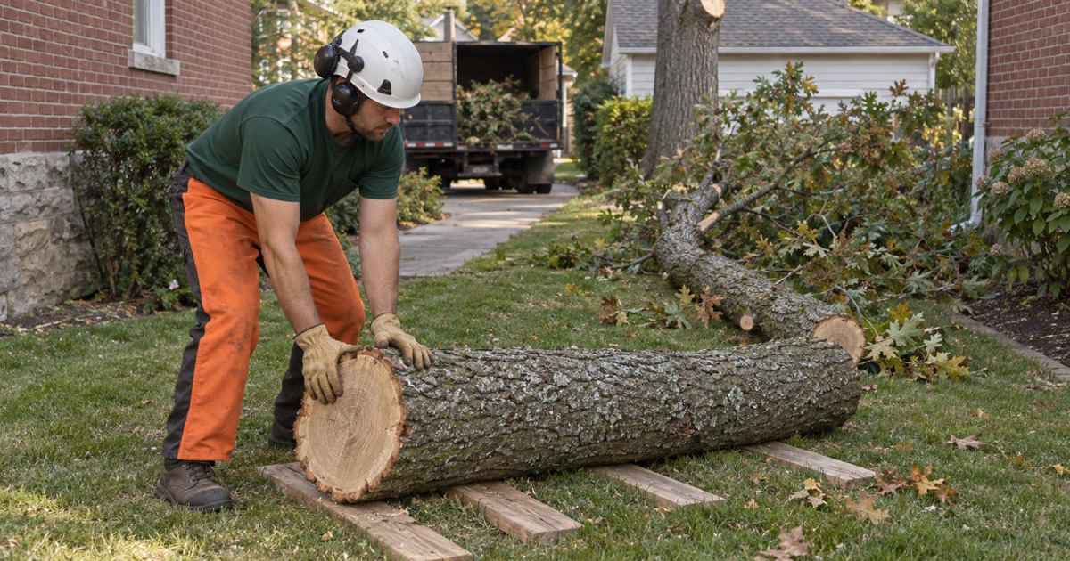 Worker rolling the butt of a cut southern red oak limb on boards in a Greenville side yard.