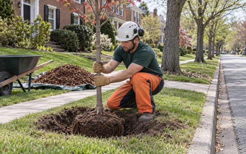 Worker truing a red maple sapling in its planting hole on a Greenville front verge.