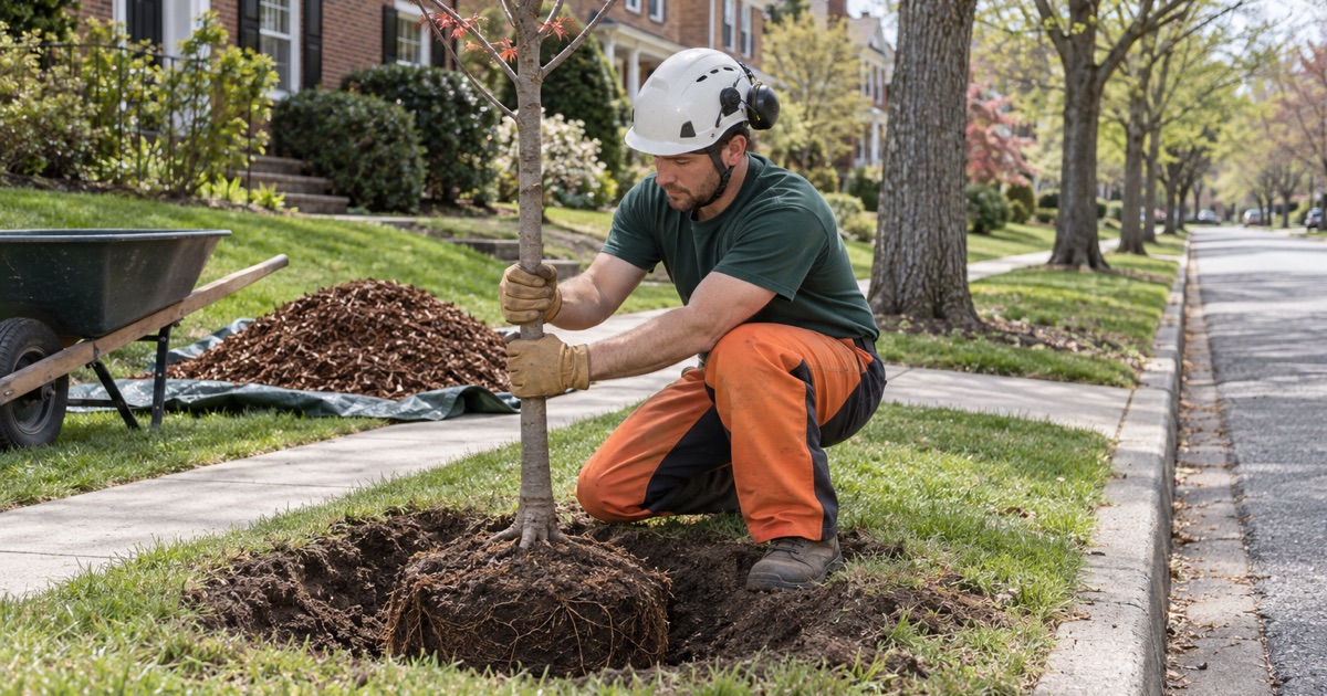 Worker truing a red maple sapling in its planting hole on a Greenville front verge.