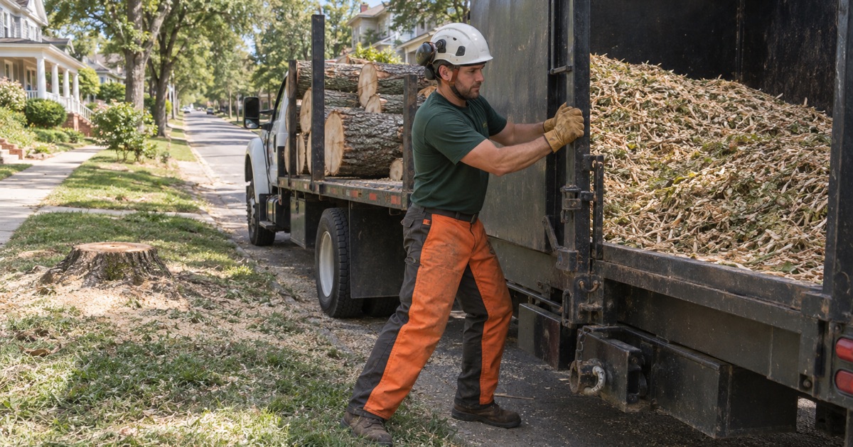 Worker latching the chip box rail closed in Anderson with cut willow oak rounds cribbed on the truck bed behind.