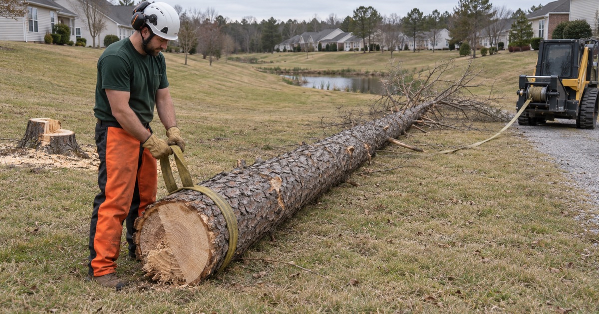 Worker choking a strap on a dead loblolly pine felled across a Boiling Springs subdivision common area.