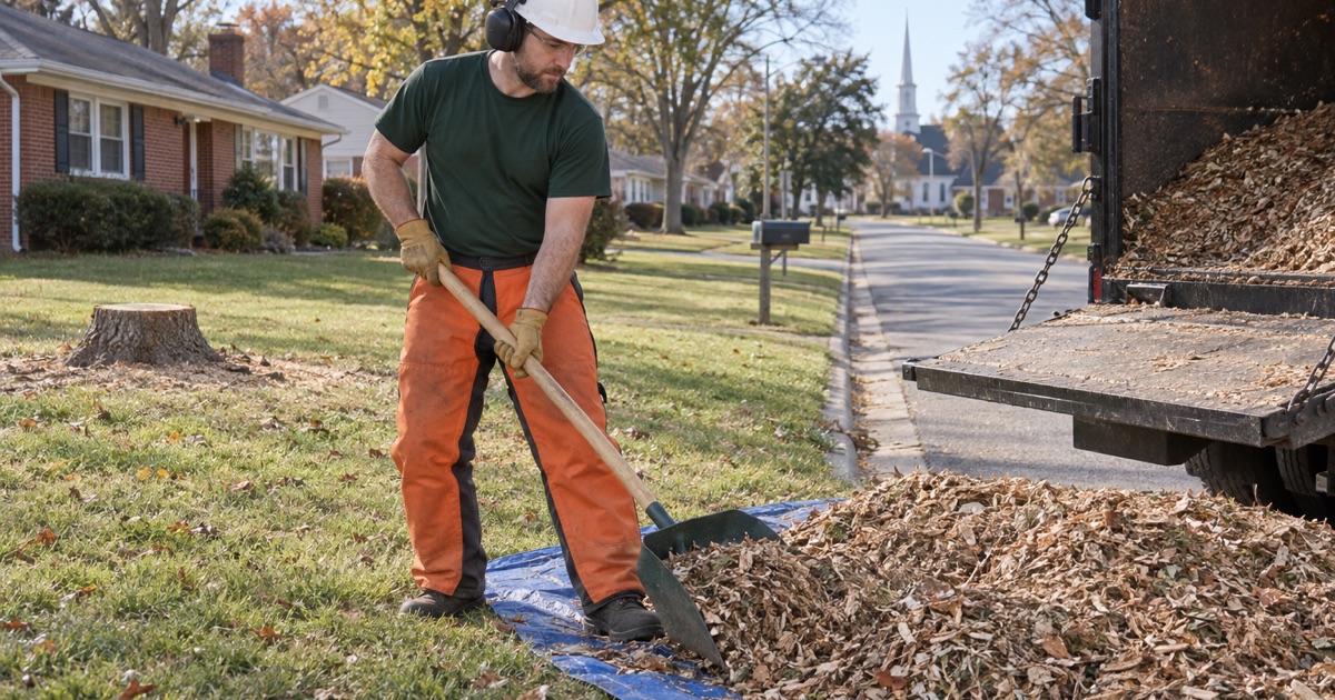 Worker clearing the last of the chips off a Central grass strip after a southern red oak came out of the front yard.