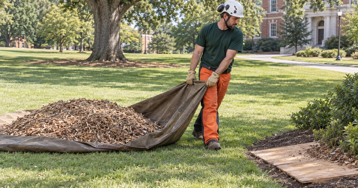 Worker drawing a loaded tarp of wood chips across mown campus grounds at Clemson University.