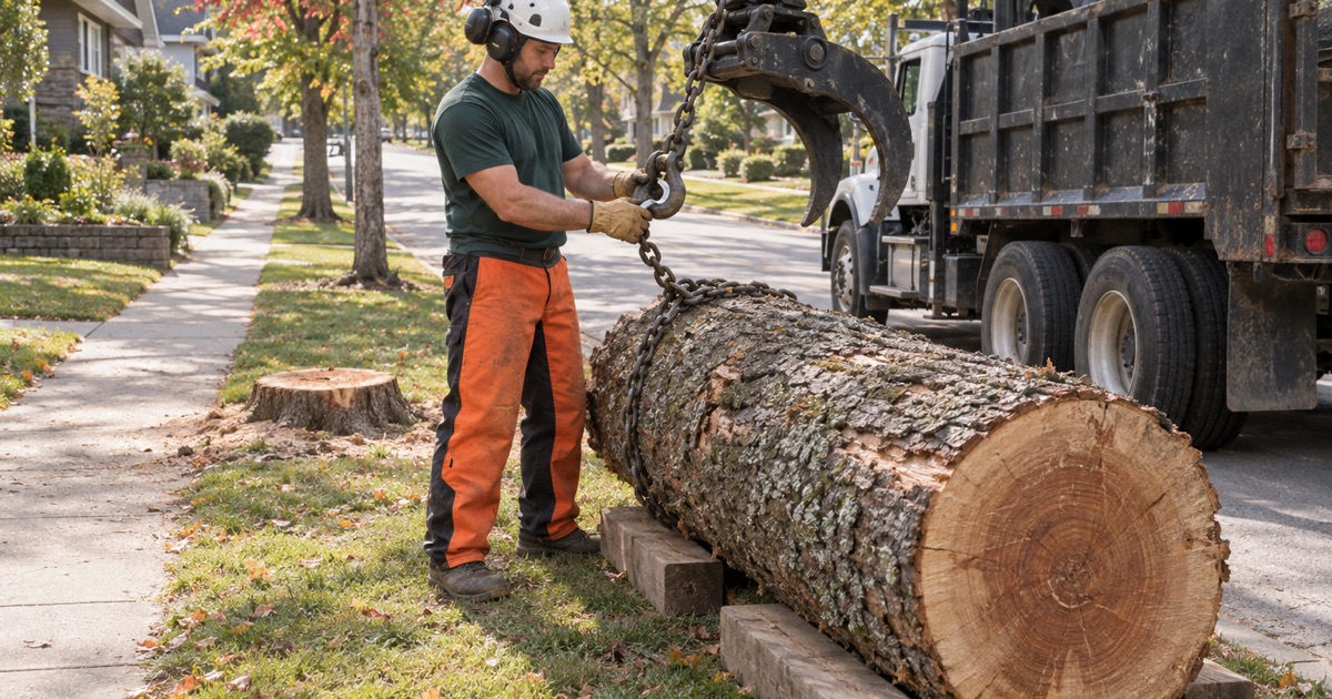Worker hooking a chain sling to a cribbed red maple butt log on a Clemson verge, too big for the city curb.