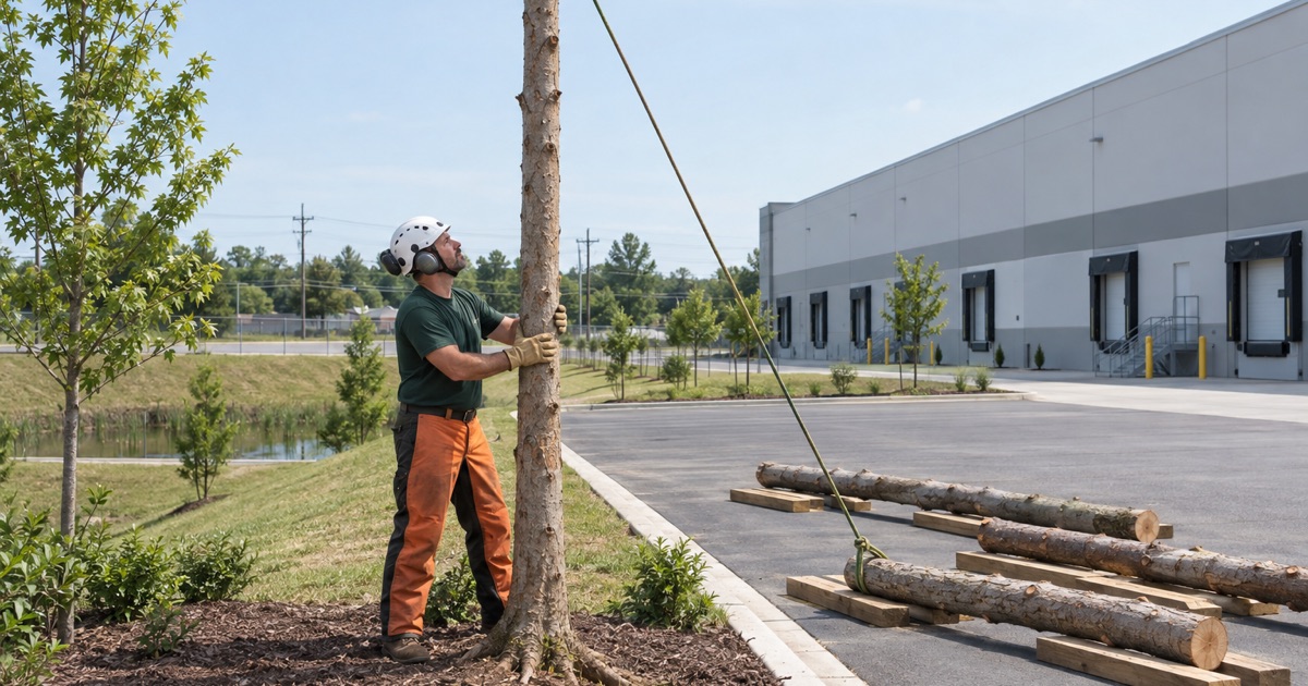 Worker steadying a stripped sweetgum spar rooted in imported fill beside a Duncan distribution building.