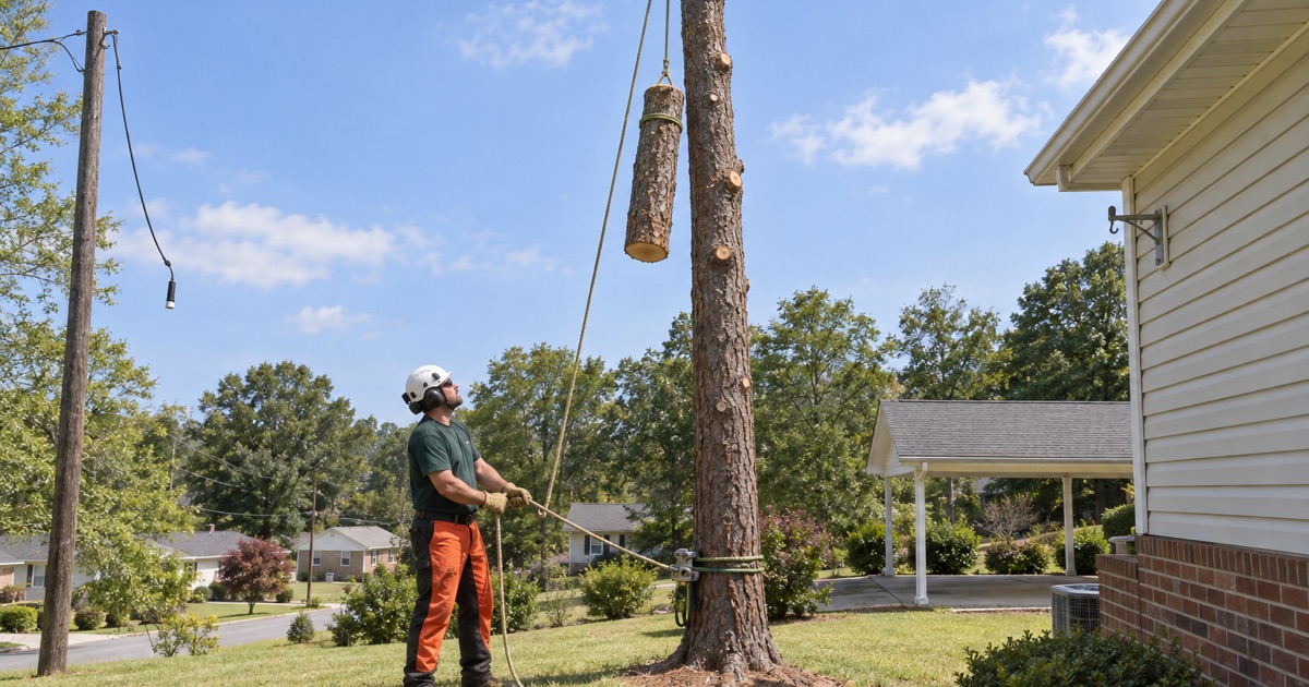 Ground worker holding the lowering rope tail in Easley while a shortleaf pine spar comes down beside an unhooked service wire.