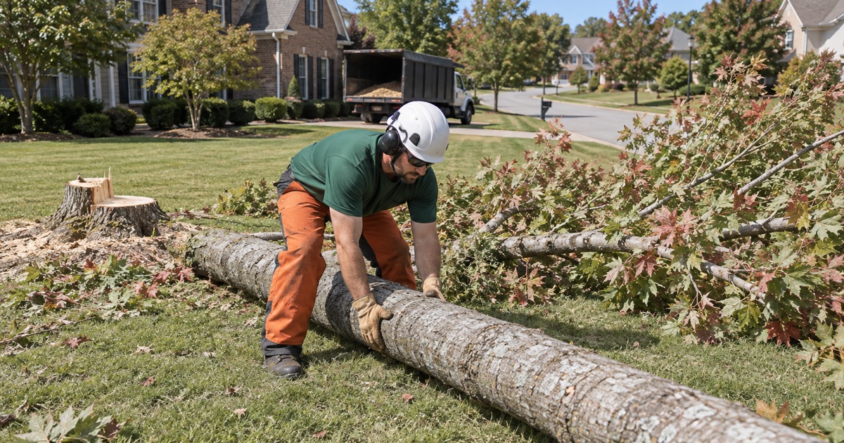 Worker rolling the stem of a felled red maple planted with the house on a Five Forks subdivision lawn.
