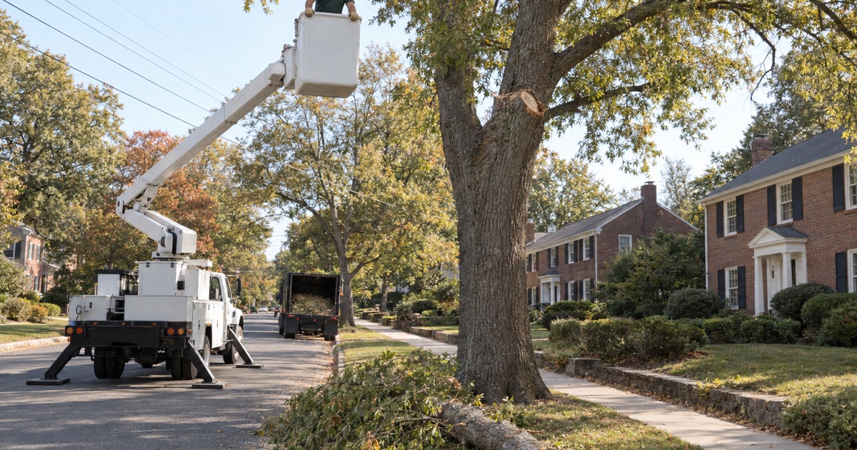 Worker bracing on the bucket rail above a Greenville street while a lowered willow oak leader rests on boards below.