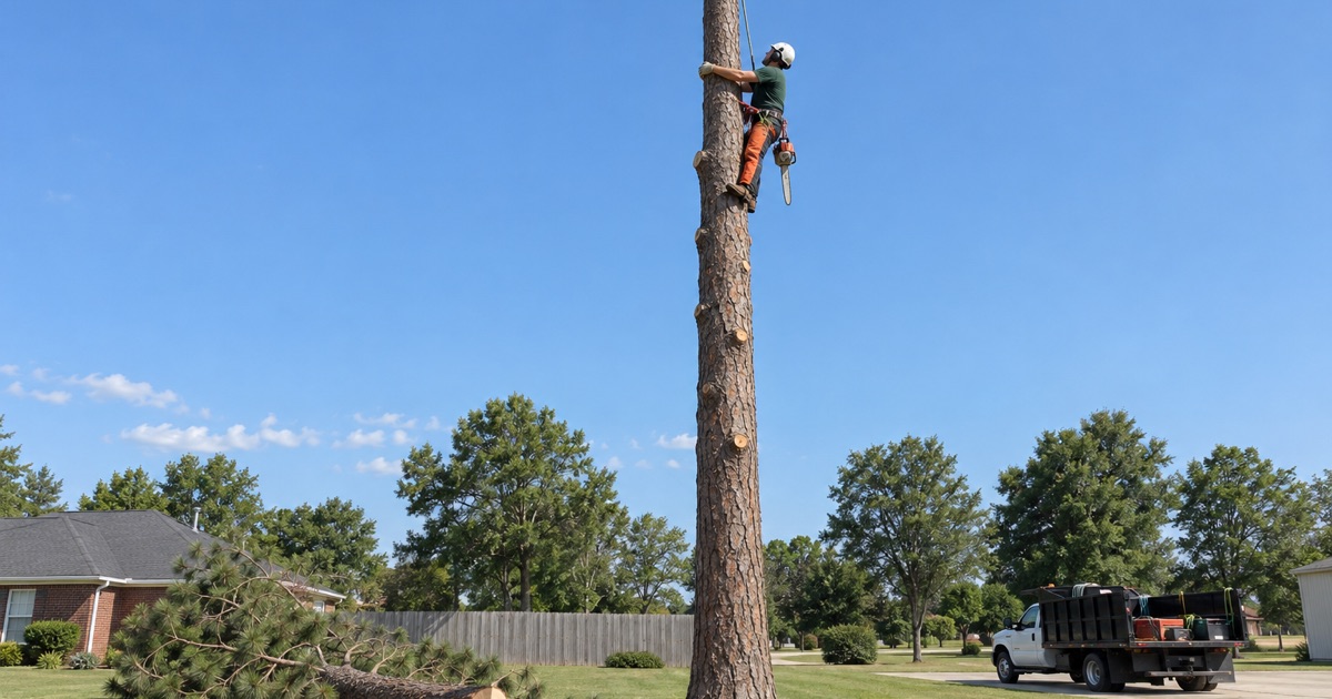 Climber gripping the bare trunk of a tall loblolly pine in Greer below a fresh top cut.