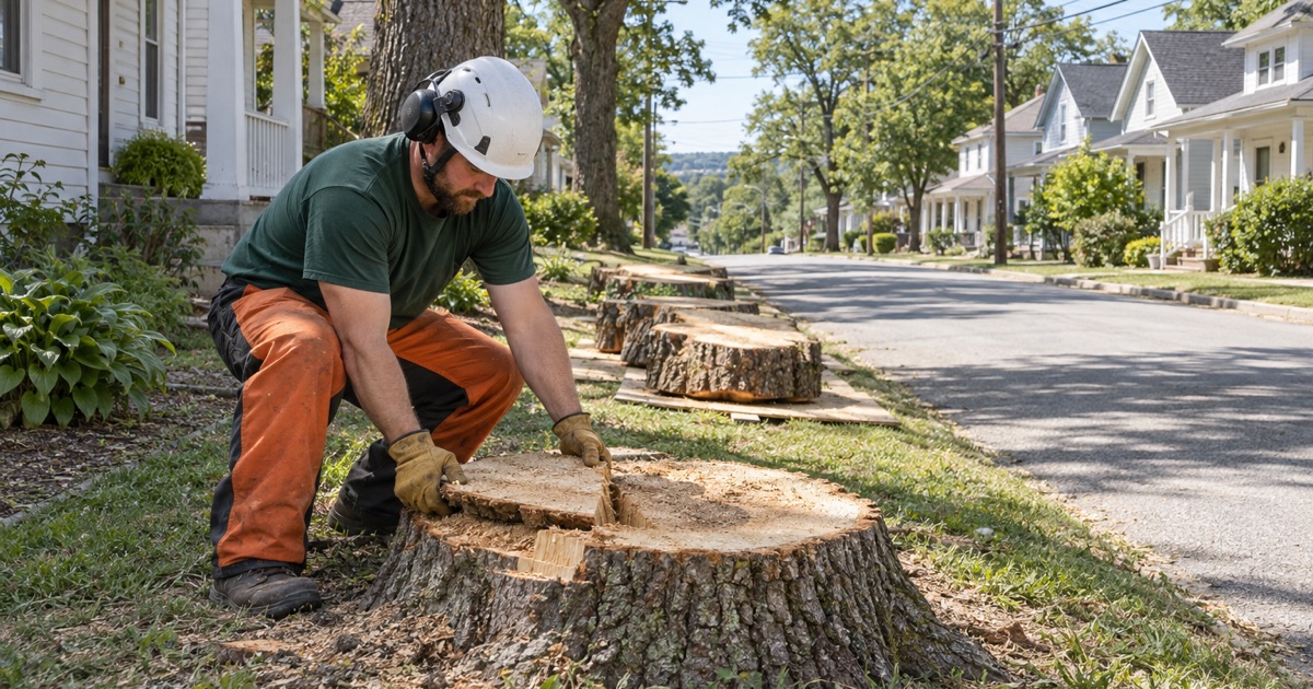 Worker at the rim of a fresh white oak stump between two mill village houses in Lyman.