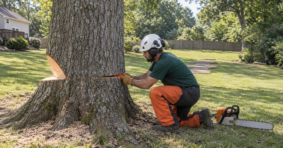 Worker seating a felling wedge in the back cut of a big white oak on a Mauldin detached lot.