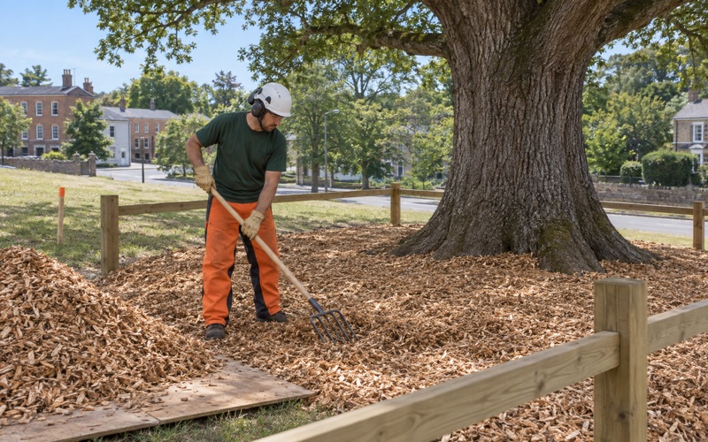 Worker spreading wood chips inside a timber protection barrier around a very large white oak on a Greenville site.