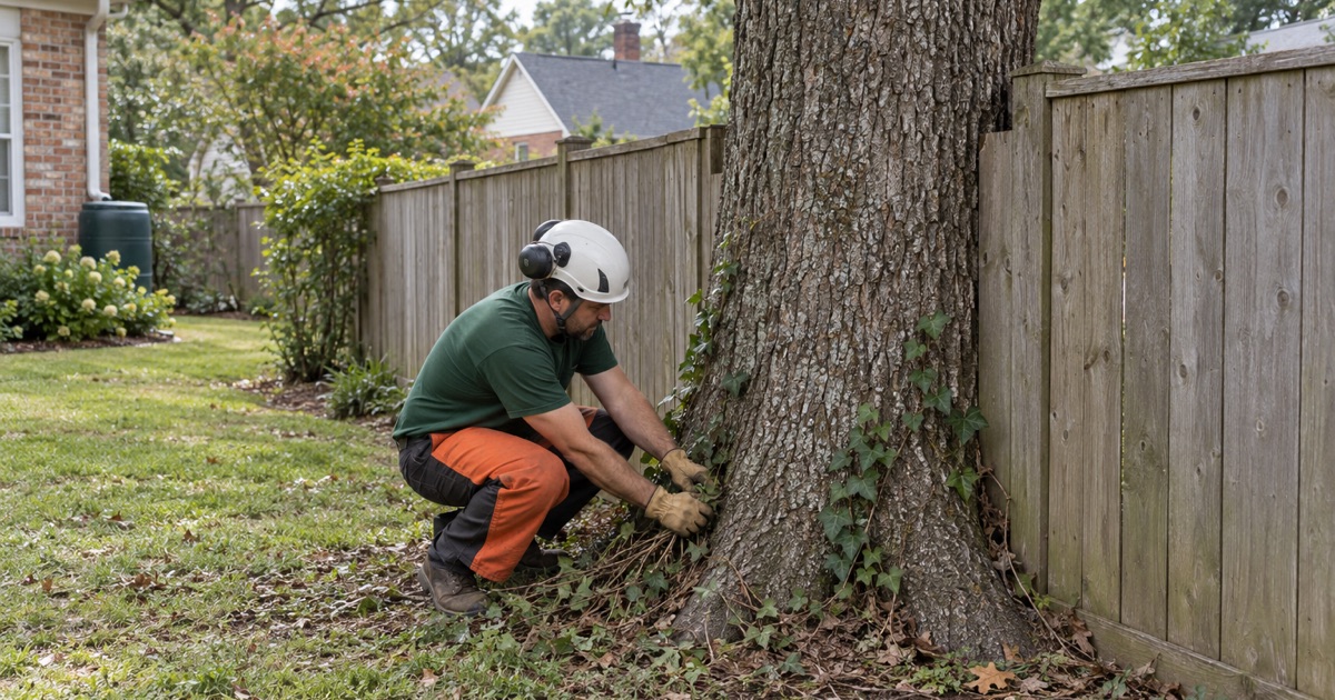 Worker clearing ivy from the root flare of a post oak tree on a Greenville property line.