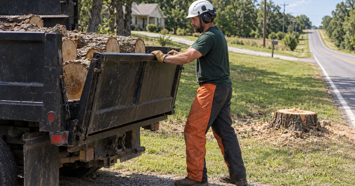 Worker closing the tailboard over cut post oak rounds at a Powdersville frontage where no crew collects at the road.
