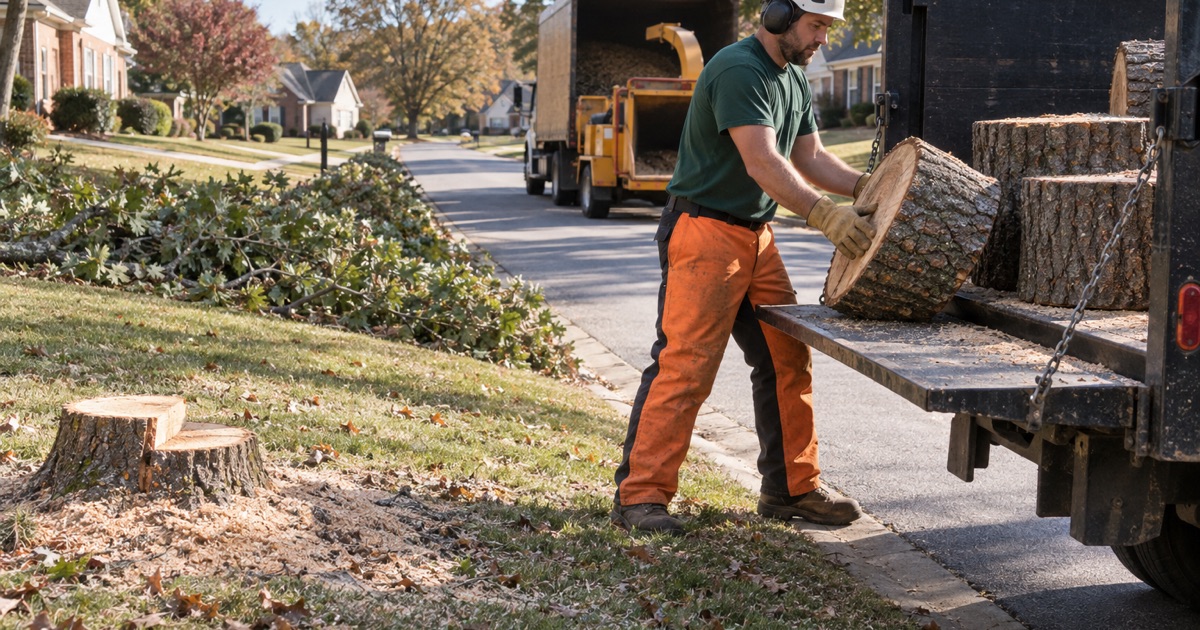 Worker tipping a cut southern red oak round onto the truck in Simpsonville, the short limbs left in a row at the curb.