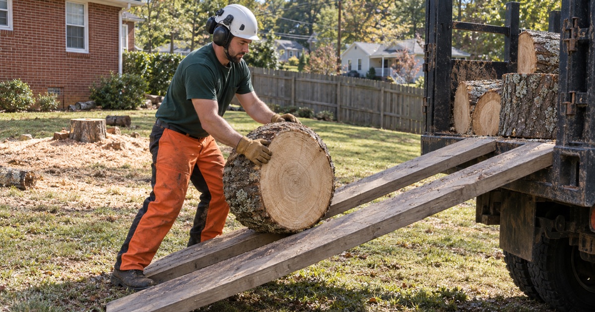 Worker rolling a white oak log round up ramp planks onto the log bunk in a Spartanburg back yard.