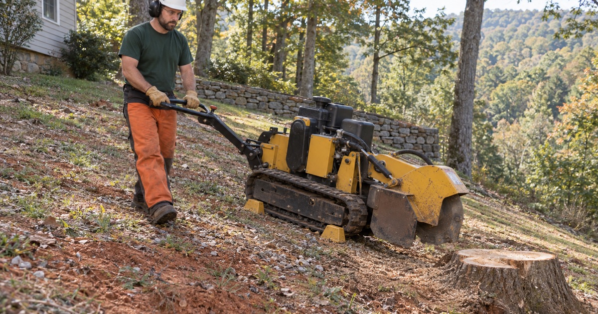 Worker steering a chocked stump grinder down a steep Travelers Rest lot toward a pignut hickory stump.
