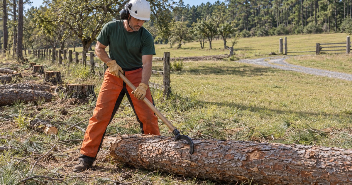 Worker rolling a loblolly pine log with a cant hook along an old fencerow outside Woodruff.