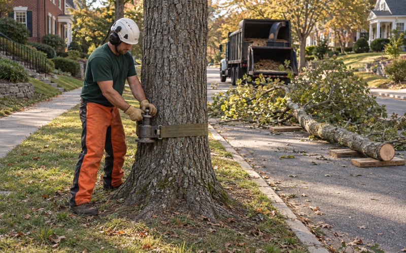 Worker releasing the bollard from a pignut hickory trunk on a Greenville verge, the lowered limb already down on boards.